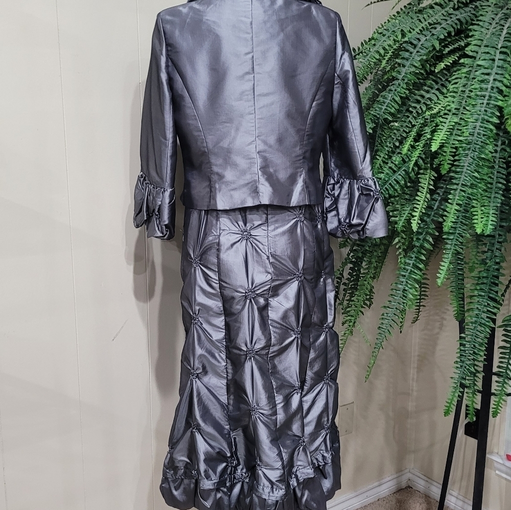 Nubiano Silver Gray Elegant 2-Piece Dress Suit Set Sz 8 Textured Midi Skirt - Picture 12 of 15